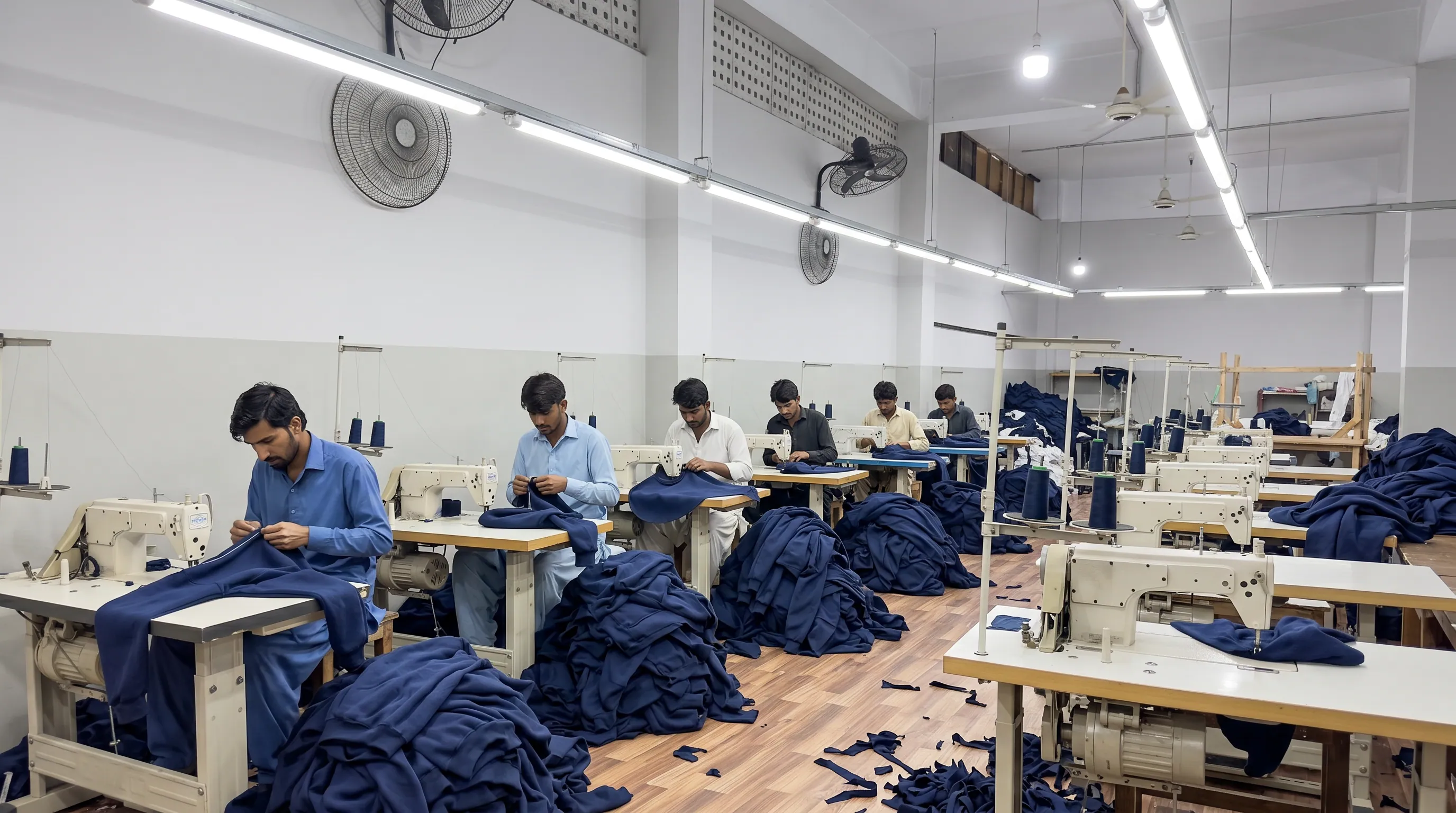 Industrial Juki and Siruba sewing machines stitching knitted garments at Apex Corporation knitwear manufacturer factory in Karachi Pakistan